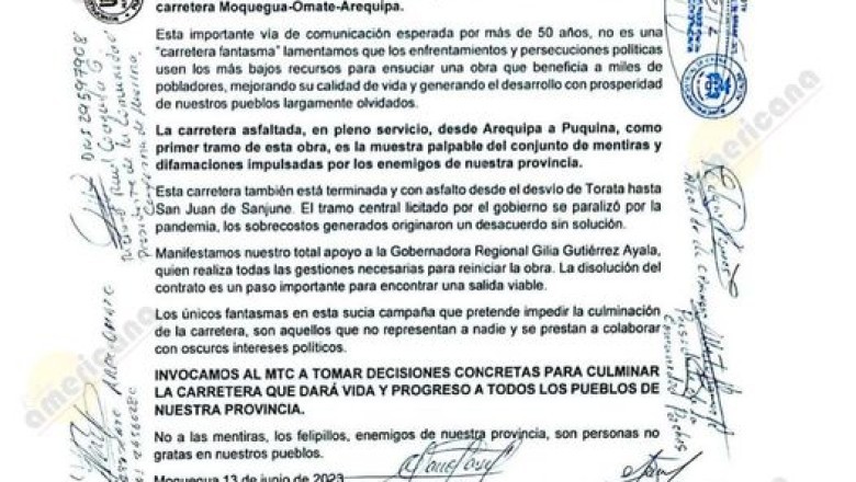 ALCALDES DE LA PROVINCIA SANCHEZ CERRO SE SUMAN A RESPUESTA DEL GOBIERNO REGIONAL SOBRE OBRA VIAL